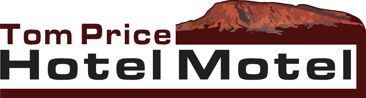 Tom Price Hotel Motel logo, with 'Tom Price' in dark red text beside an illustrated red rock hill, and 'Hotel Motel' in bold black letters below on a dark red banner.