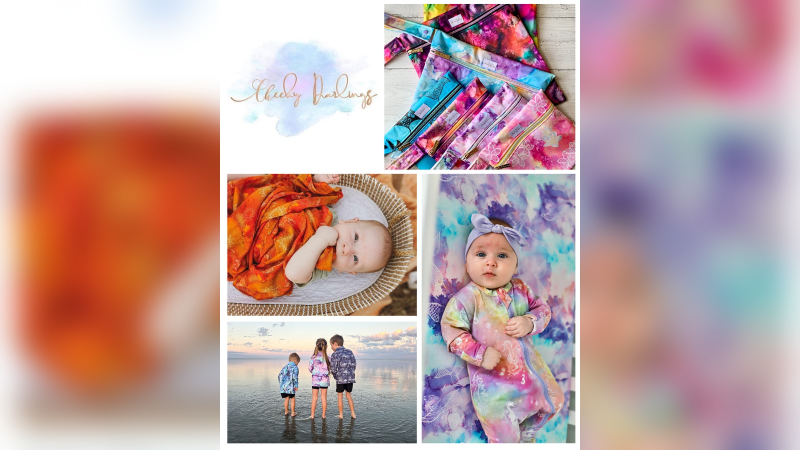 Cheeky Darlings collage of tie-dye zip pouches