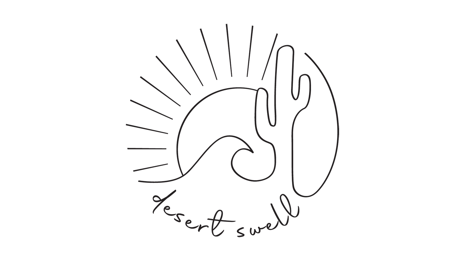 Desert Swell logo, a black line-art drawing combining a sun with radiating rays, an ocean wave, and a cactus into one continuous circular design, with 'desert swell' written below in cursive script.