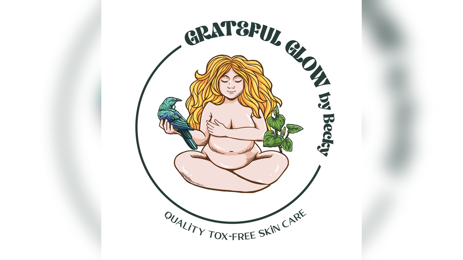 Circular logo illustration of a seated woman with golden hair holding a native bird