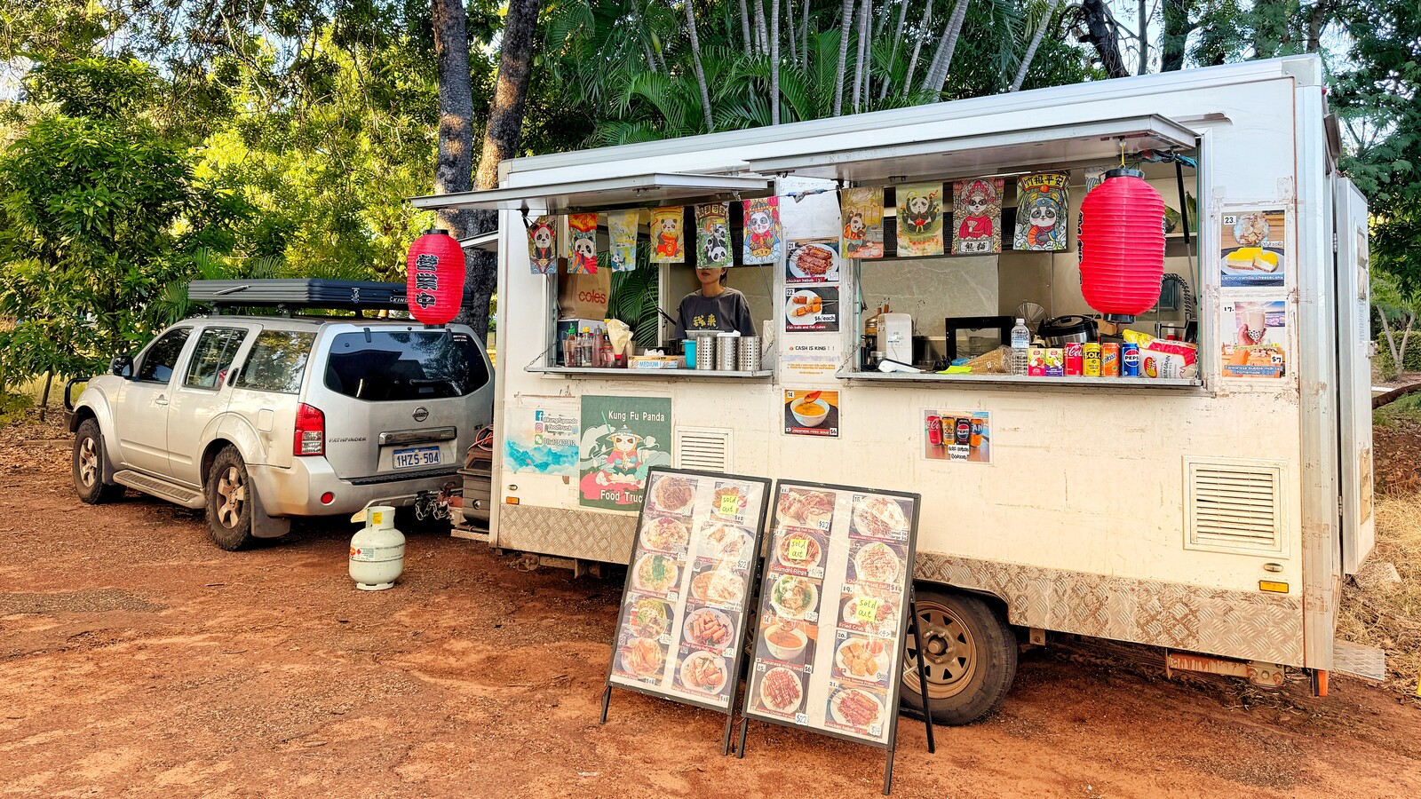 Kung Fu Panda food trailer with red lanterns and panda-themed banners
