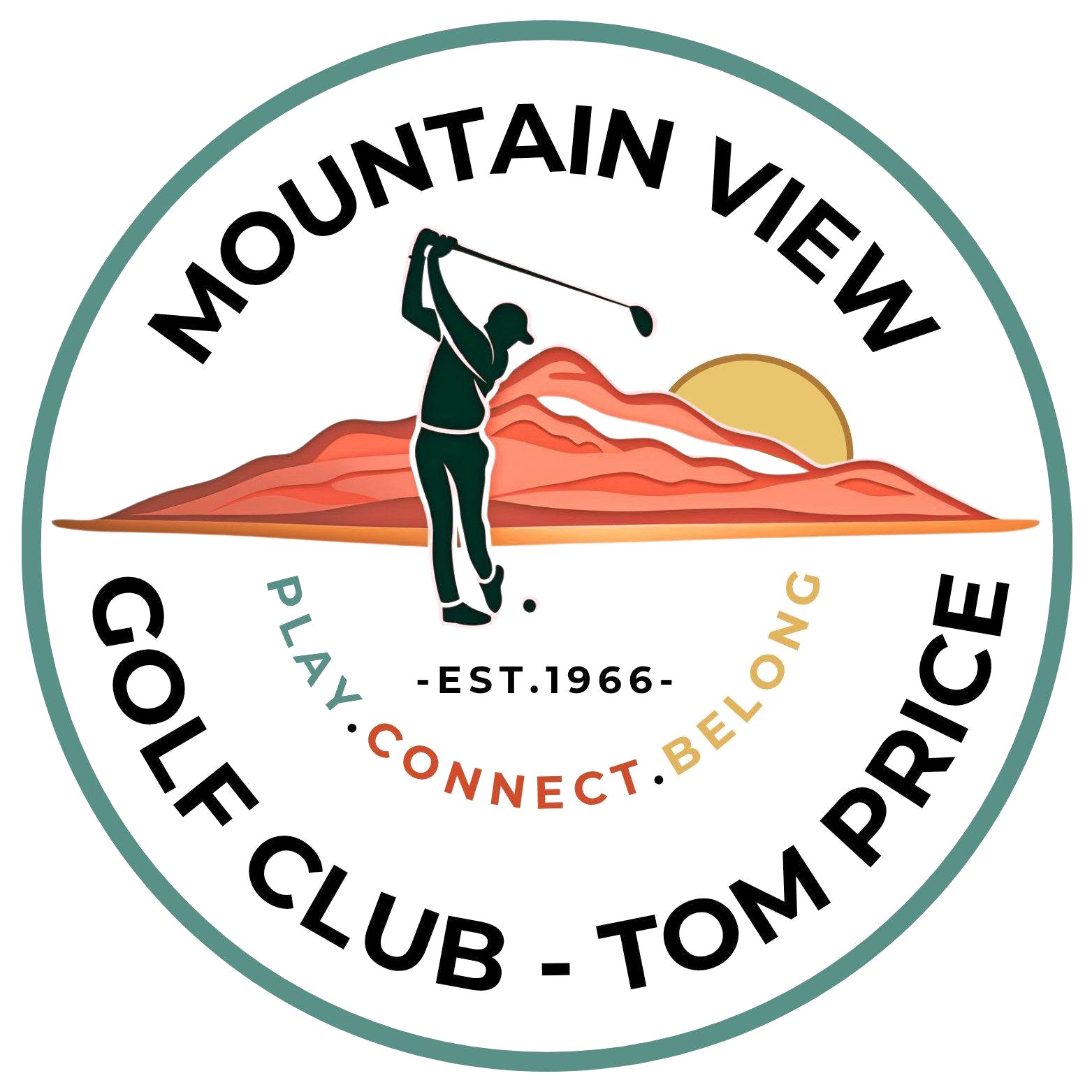 Mountain View Golf Club Tom Price logo, a circular badge with 'Mountain View Golf Club - Tom Price' arched around the edge in black text within a teal ring, and a silhouette golfer mid-swing in front of red mountain ranges and a yellow sun, with 'Est. 1966' and the tagline 'Play. Connect. Belong.
