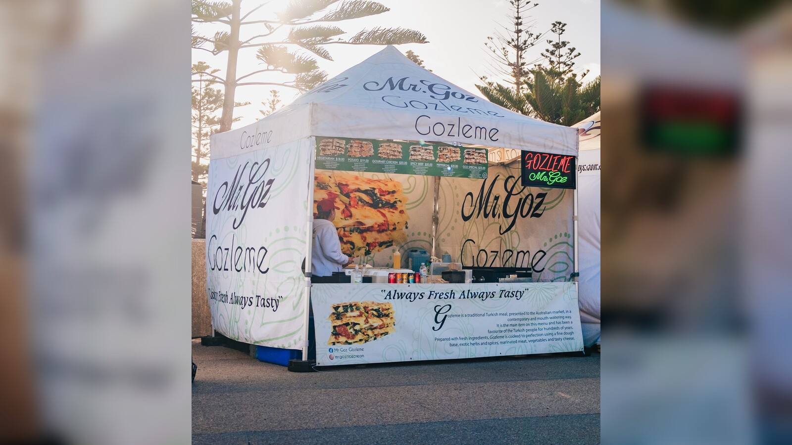 Mr Goz Gozleme marquee stall with "Always Fresh Always Tasty" signage