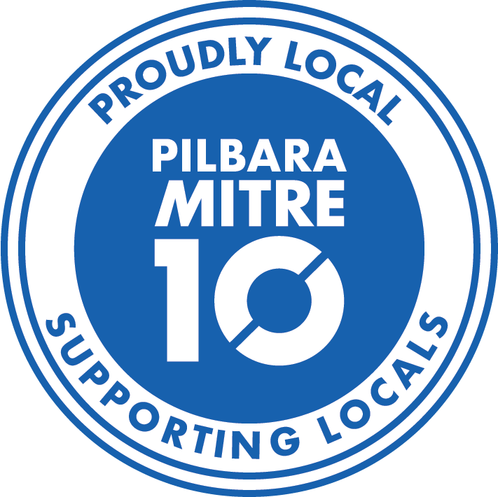 Pilbara Mitre 10 logo, a blue circular badge with 'PILBARA MITRE 10' in white text in the centre, and 'PROUDLY LOCAL SUPPORTING LOCALS' arched around the inner ring.