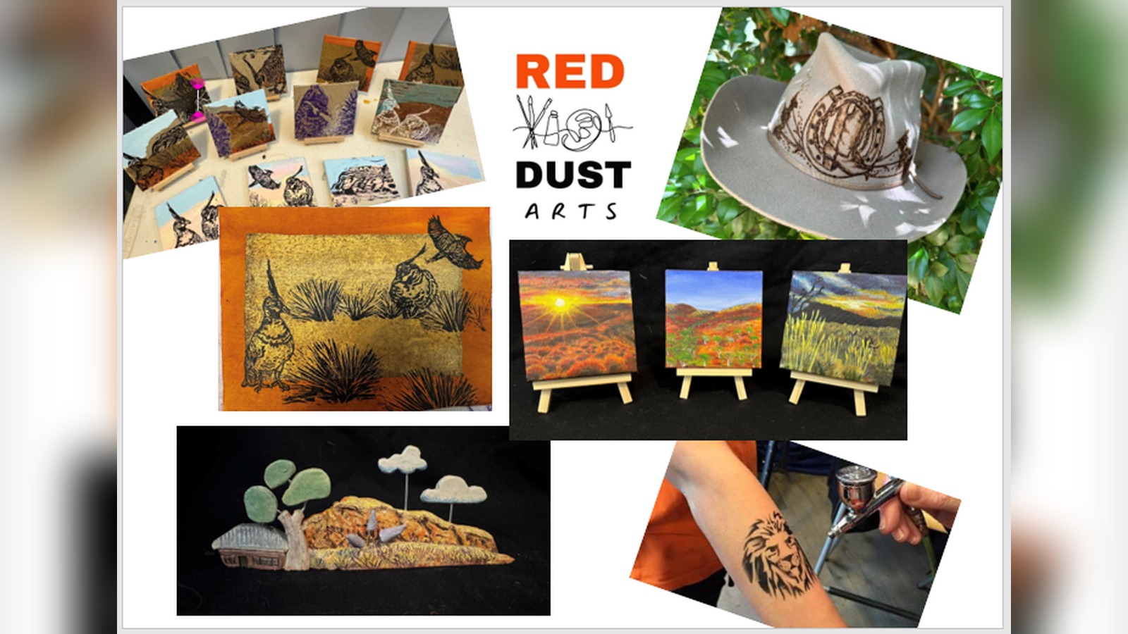 Red Dust Arts collage showing pyrography artwork on a hat