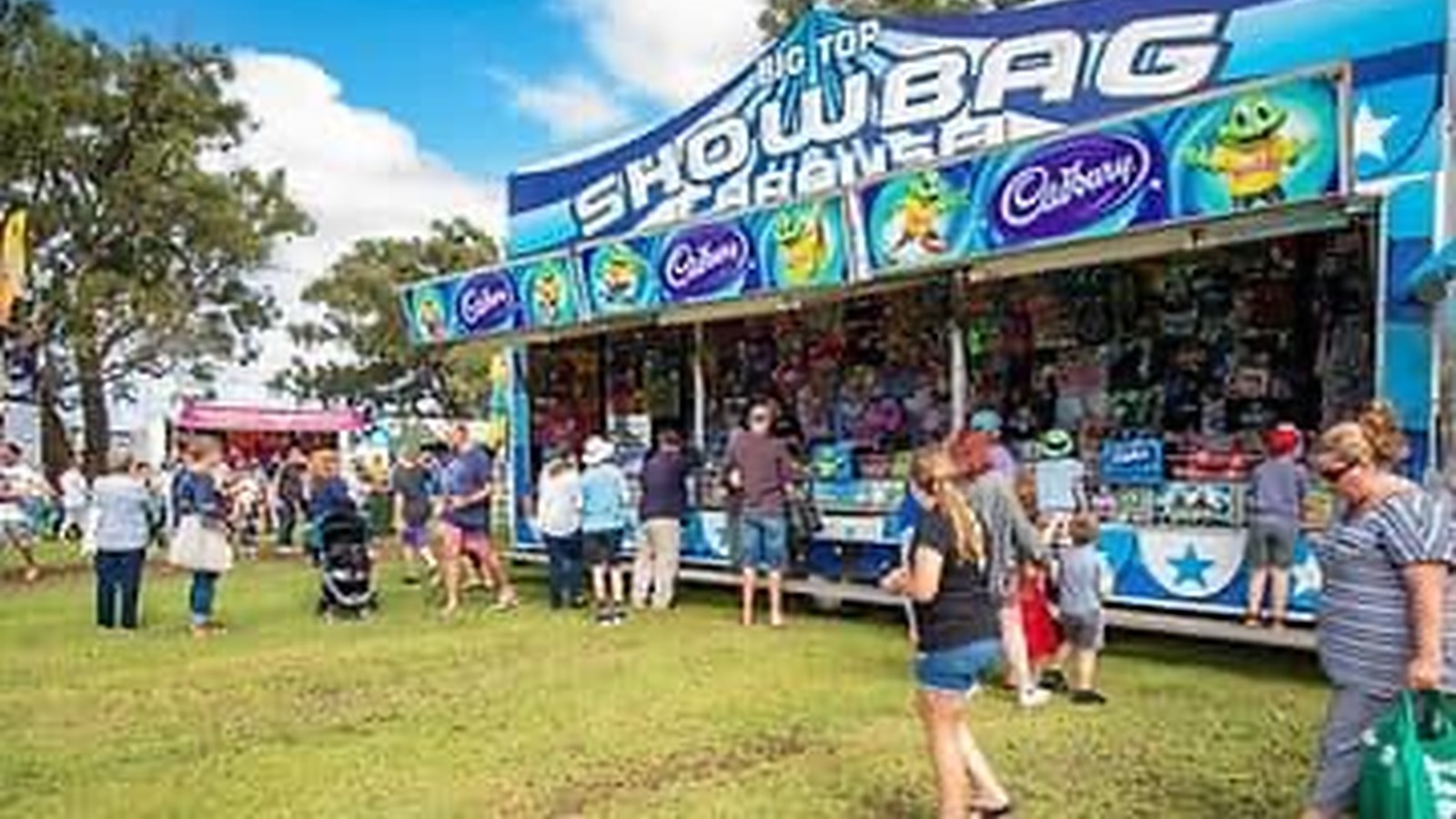Big Top Showbag Shower trailer with Cadbury-branded showbags on display