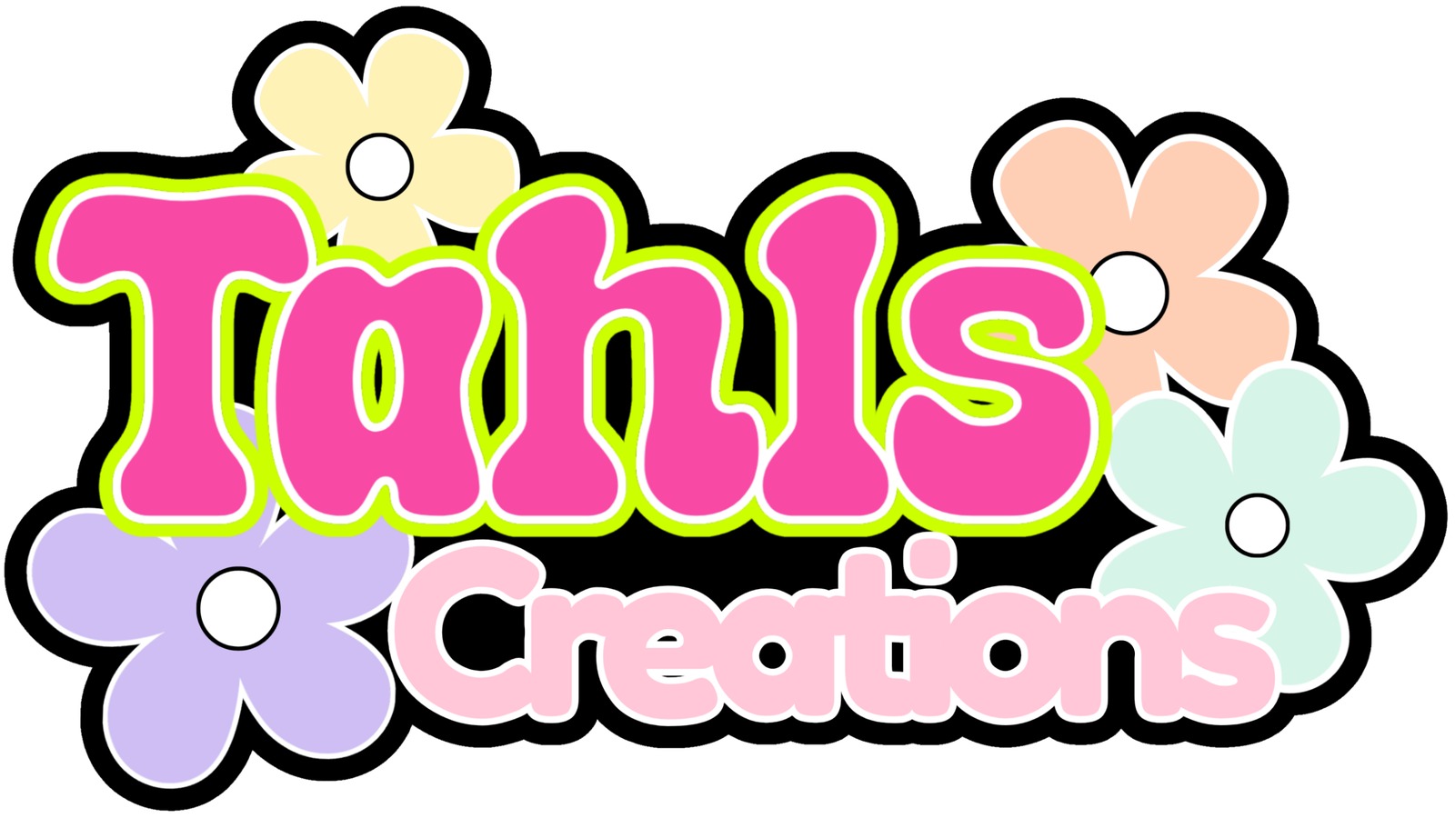 Tahls Creations logo in pink bubble lettering surrounded by pastel flower graphics on a black background.