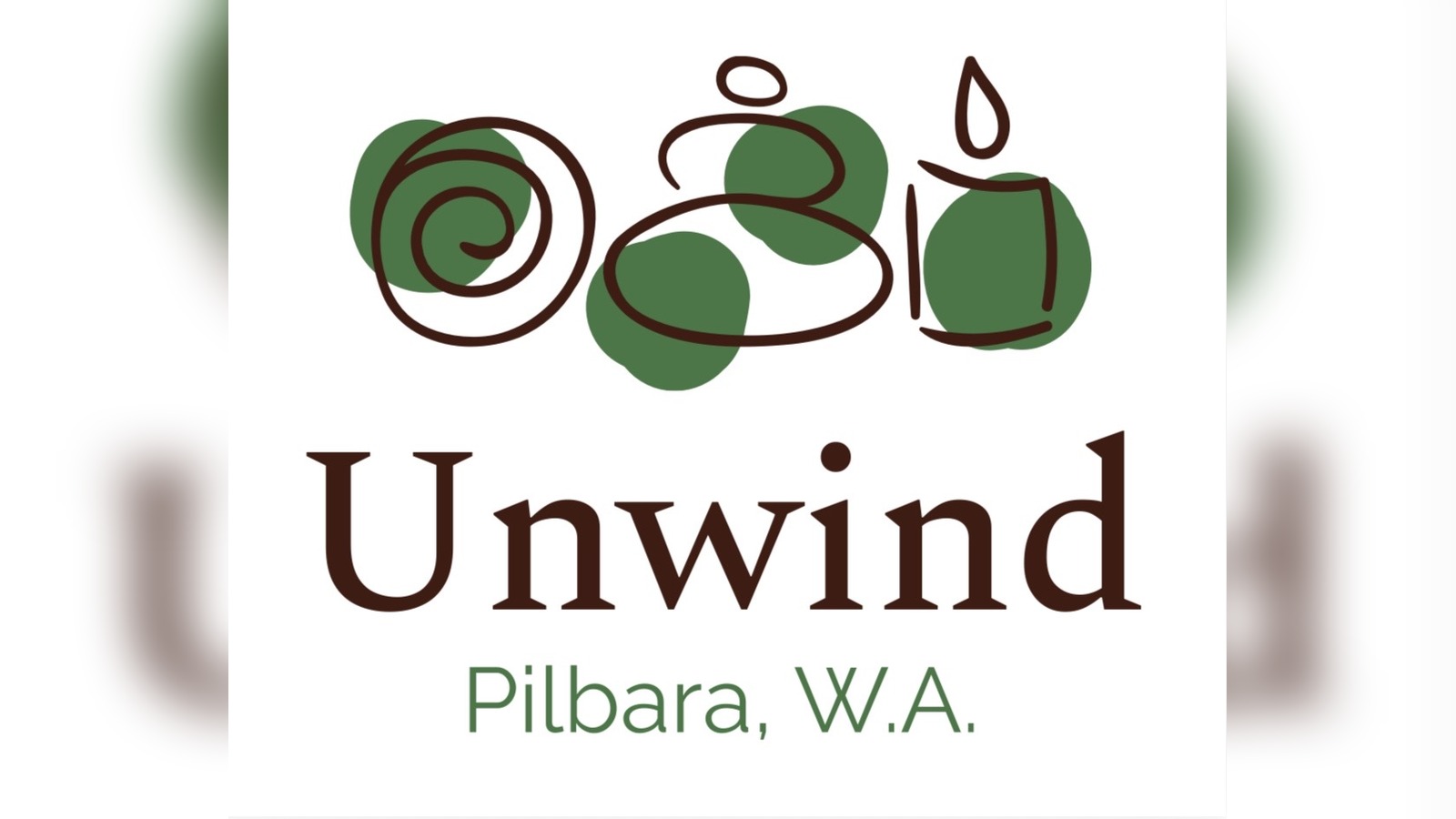Unwind Pilbara logo featuring green abstract stone and candle icons above the text "Unwind